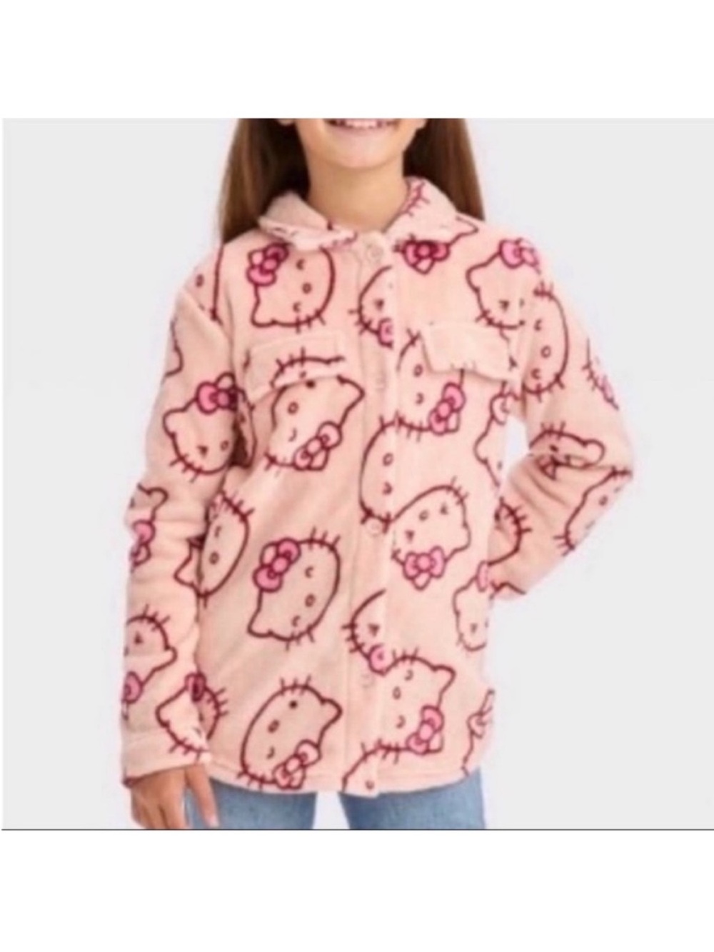 Hello Kitty Pink Plush Button-Up Hoodie Shirt